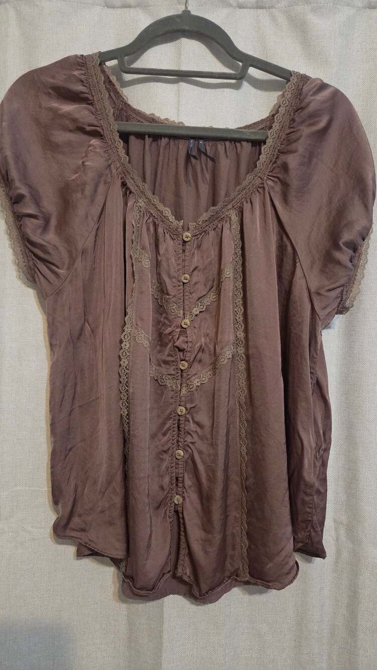 Anthropologie Blouse Brown Lace Trim Button Front Top